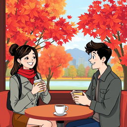 An illustration featuring two people in a cozy coffee shop in Vancouver, engaging in conversation while enjoying their coffee