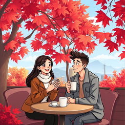 An illustration featuring two people in a cozy coffee shop in Vancouver, engaging in conversation while enjoying their coffee