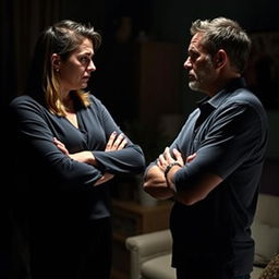A dramatic confrontation between two individuals in a dimly lit room, where the woman stands with her arms crossed and an expression of displeasure, looking at the man who appears tense and defensive