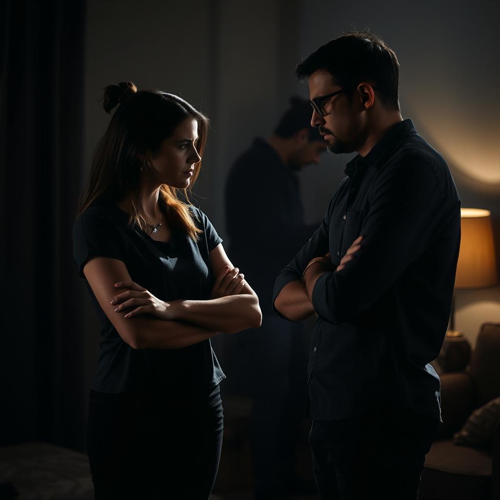A dramatic confrontation between two individuals in a dimly lit room, where the woman stands with her arms crossed and an expression of displeasure, looking at the man who appears tense and defensive