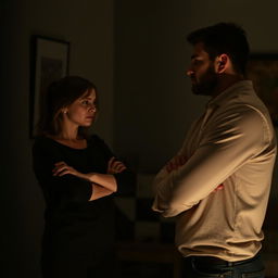 A dramatic confrontation between two individuals in a dimly lit room, where the woman stands with her arms crossed and an expression of displeasure, looking at the man who appears tense and defensive