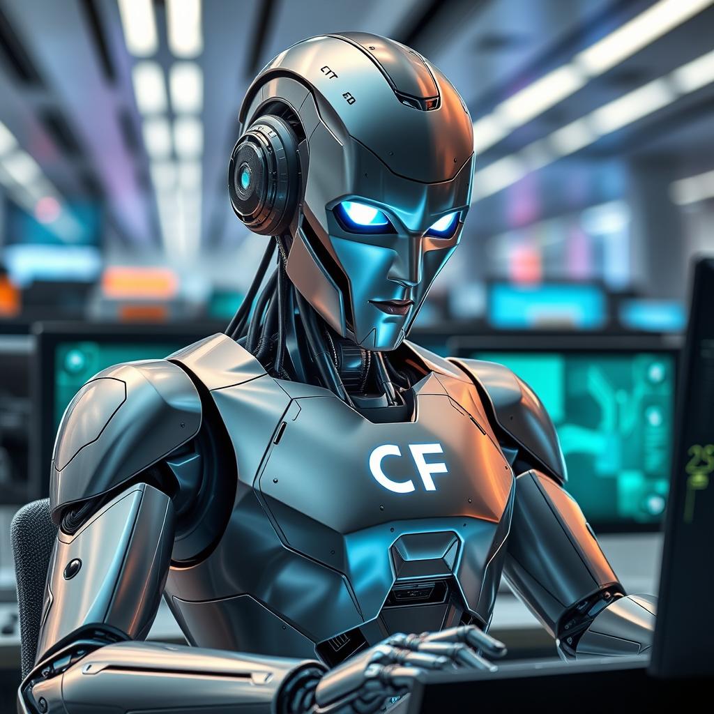 A sophisticated robot engaged in working on a computer, showcasing a sleek, metallic design with intricate details