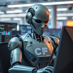 A sophisticated robot engaged in working on a computer, showcasing a sleek, metallic design with intricate details