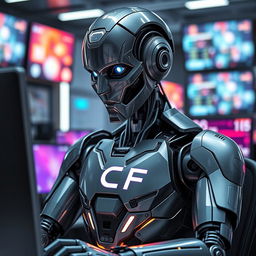 A sophisticated robot engaged in working on a computer, showcasing a sleek, metallic design with intricate details