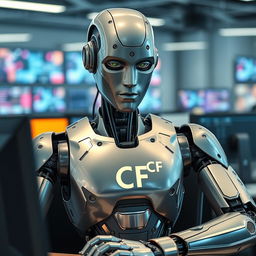 A sophisticated robot engaged in working on a computer, showcasing a sleek, metallic design with intricate details