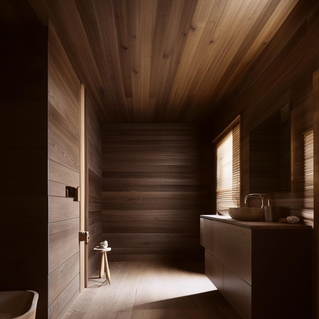 A well-lit, serene bathroom with walls adorned with rich, dark wooden planks, accentuating an atmosphere of rustic elegance.