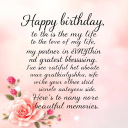 A beautifully designed birthday card with elegant lettering that reads: 'Happy birthday to the love of my life, my partner in everything, and my greatest blessing