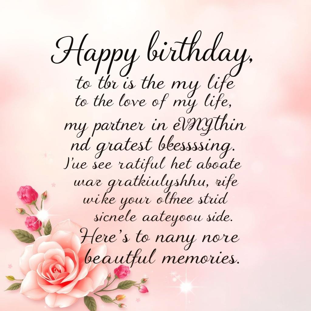 A beautifully designed birthday card with elegant lettering that reads: 'Happy birthday to the love of my life, my partner in everything, and my greatest blessing