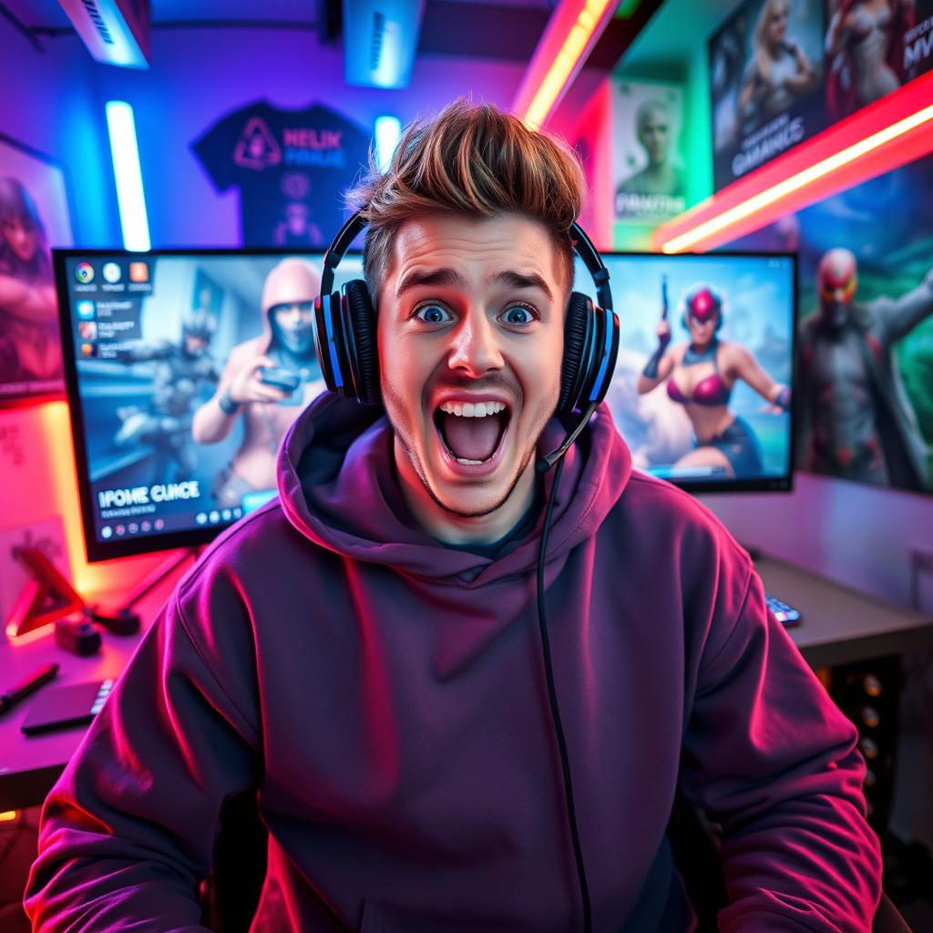 Ishowspeed, a popular streamer, full of energy and charisma, in a dynamic gaming setup surrounded by colorful LED lights and a large monitor displaying gameplay
