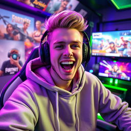 Ishowspeed, a popular streamer, full of energy and charisma, in a dynamic gaming setup surrounded by colorful LED lights and a large monitor displaying gameplay