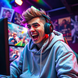 Ishowspeed, a popular streamer, full of energy and charisma, in a dynamic gaming setup surrounded by colorful LED lights and a large monitor displaying gameplay