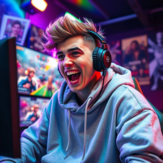 Ishowspeed, a popular streamer, full of energy and charisma, in a dynamic gaming setup surrounded by colorful LED lights and a large monitor displaying gameplay