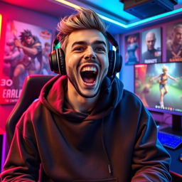 Ishowspeed, a popular streamer, full of energy and charisma, in a dynamic gaming setup surrounded by colorful LED lights and a large monitor displaying gameplay