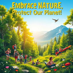 A vibrant and engaging poster advocating for nature, showcasing various recreational outdoor activities