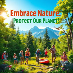 A vibrant and engaging poster advocating for nature, showcasing various recreational outdoor activities