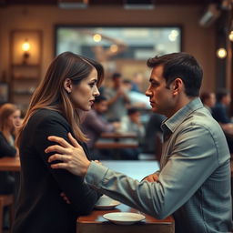A poignant scene featuring two individuals facing each other in a cozy coffee shop, where the woman expresses frustration, her brow furrowed and arms akimbo, as she confronts the man, who looks bewildered and contemplative