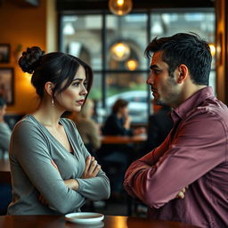 A poignant scene featuring two individuals facing each other in a cozy coffee shop, where the woman expresses frustration, her brow furrowed and arms akimbo, as she confronts the man, who looks bewildered and contemplative