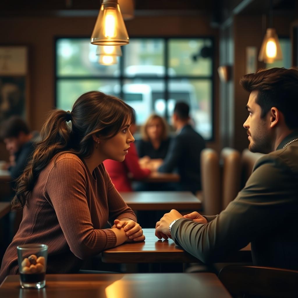 A poignant scene featuring two individuals facing each other in a cozy coffee shop, where the woman expresses frustration, her brow furrowed and arms akimbo, as she confronts the man, who looks bewildered and contemplative