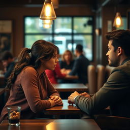 A poignant scene featuring two individuals facing each other in a cozy coffee shop, where the woman expresses frustration, her brow furrowed and arms akimbo, as she confronts the man, who looks bewildered and contemplative