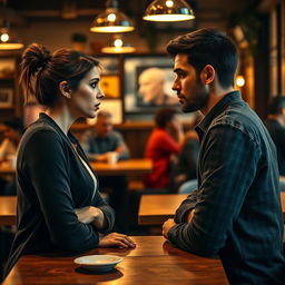 A poignant scene featuring two individuals facing each other in a cozy coffee shop, where the woman expresses frustration, her brow furrowed and arms akimbo, as she confronts the man, who looks bewildered and contemplative