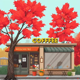 An illustration of a charming coffee shop in Vancouver, featuring a welcoming exterior adorned with large windows and inviting signage