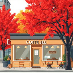 An illustration of a charming coffee shop in Vancouver, featuring a welcoming exterior adorned with large windows and inviting signage