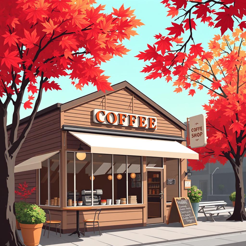 An illustration of a charming coffee shop in Vancouver, featuring a welcoming exterior adorned with large windows and inviting signage