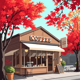 An illustration of a charming coffee shop in Vancouver, featuring a welcoming exterior adorned with large windows and inviting signage