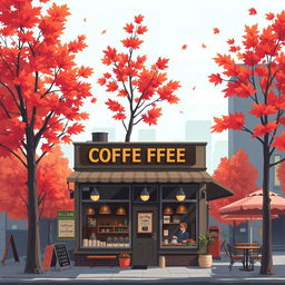 An illustration of a charming coffee shop in Vancouver, featuring a welcoming exterior adorned with large windows and inviting signage