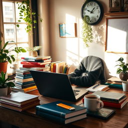A cozy study space filled with various colorful used textbooks stacked on a wooden desk