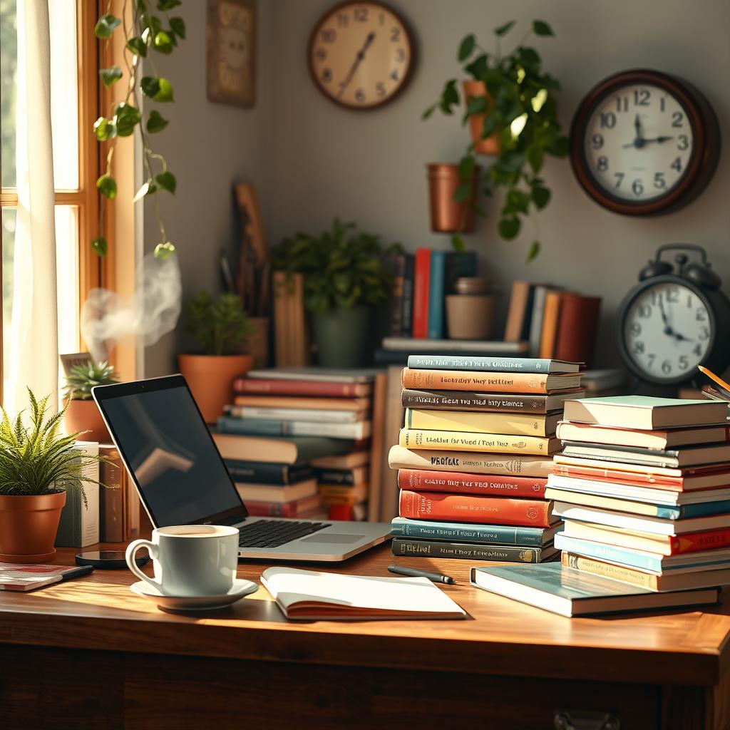 A cozy study space filled with various colorful used textbooks stacked on a wooden desk