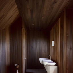 A well-lit, serene bathroom with walls adorned with rich, dark wooden planks, accentuating an atmosphere of rustic elegance.