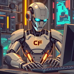 A detailed illustration of a futuristic robot working diligently at a computer