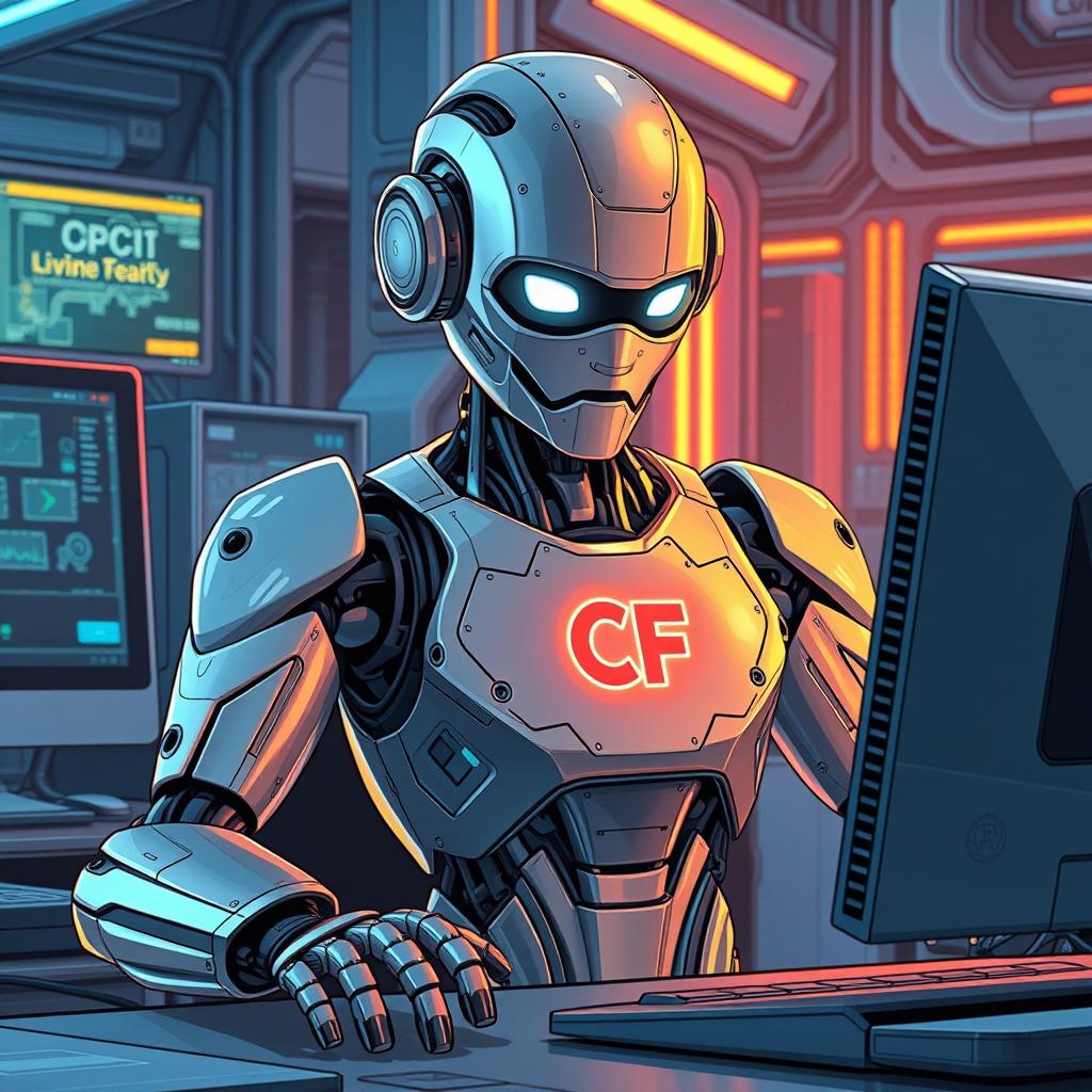A detailed illustration of a futuristic robot working diligently at a computer