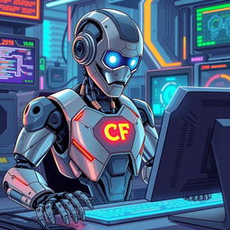 A detailed illustration of a futuristic robot working diligently at a computer