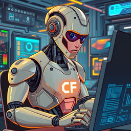 A detailed illustration of a futuristic robot working diligently at a computer