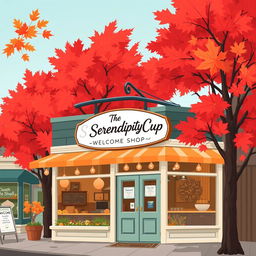 An illustration of a charming coffee shop in Vancouver, prominently featuring a sign that reads "The Serendipity Cup" on the facade, welcoming customers to this delightful café