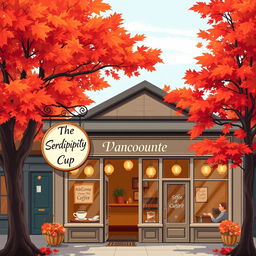 An illustration of a charming coffee shop in Vancouver, prominently featuring a sign that reads "The Serendipity Cup" on the facade, welcoming customers to this delightful café