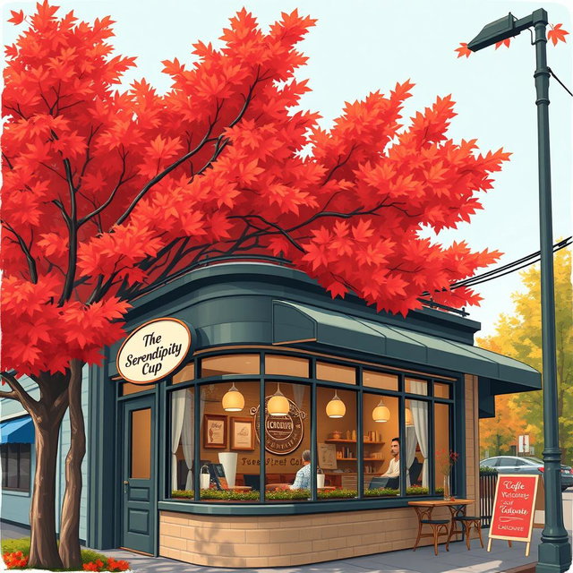 An illustration of a charming coffee shop in Vancouver, prominently featuring a sign that reads "The Serendipity Cup" on the facade, welcoming customers to this delightful café