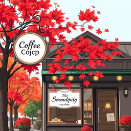 An illustration of a charming coffee shop in Vancouver, prominently featuring a sign that reads "The Serendipity Cup" on the facade, welcoming customers to this delightful café