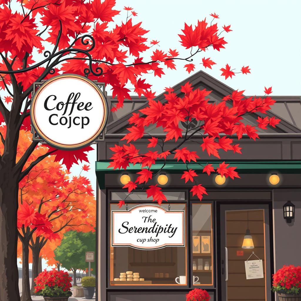 An illustration of a charming coffee shop in Vancouver, prominently featuring a sign that reads "The Serendipity Cup" on the facade, welcoming customers to this delightful café