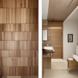 A modern, well-appointed bathroom featuring brown and ivory wooden tile planks, creating a warm and inviting ambiance.