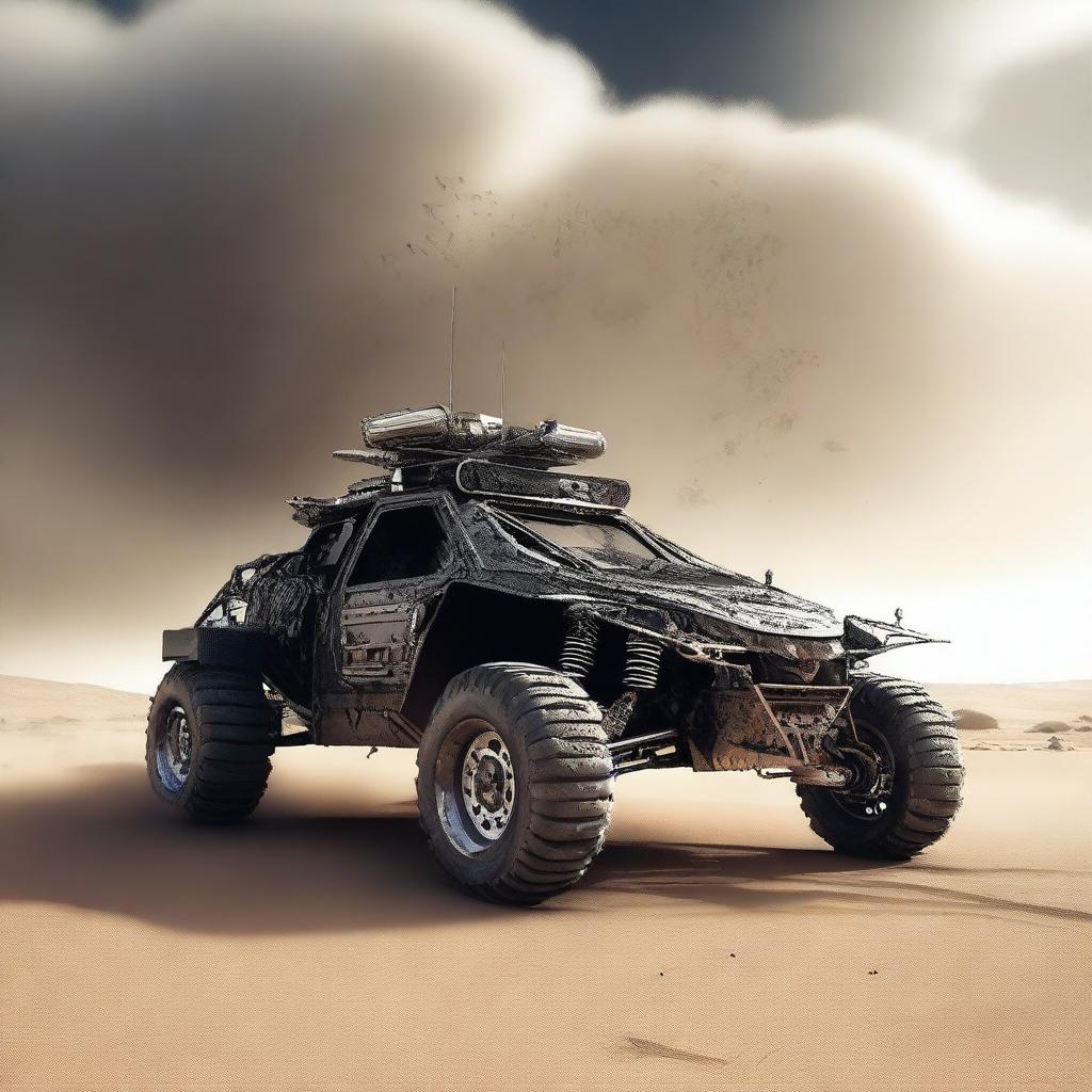 A digital art of a car constructed from scrap metal, appearing as an armored buggy