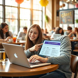 A cheerful university student sitting at a cafe table, reviewing a special offer on their laptop that highlights discounts for students