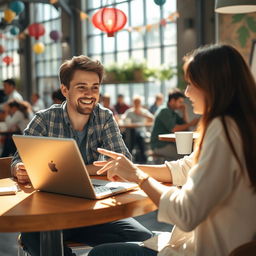 A cheerful university student sitting at a cafe table, reviewing a special offer on their laptop that highlights discounts for students