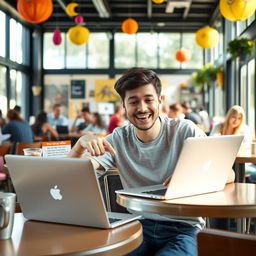 A cheerful university student sitting at a cafe table, reviewing a special offer on their laptop that highlights discounts for students