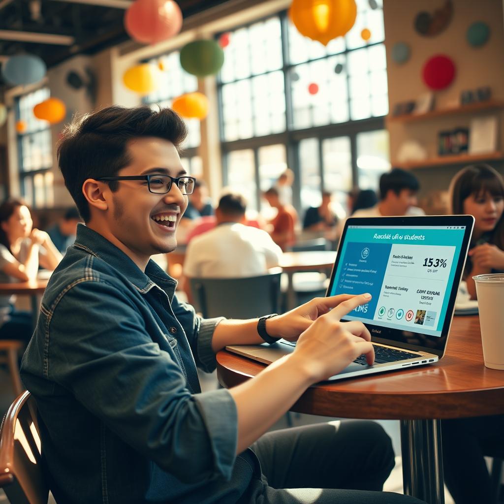 A cheerful university student sitting at a cafe table, reviewing a special offer on their laptop that highlights discounts for students