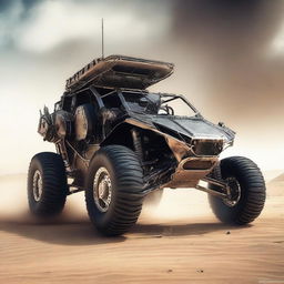 A digital art of a car constructed from scrap metal, appearing as an armored buggy