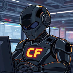 A cool, sleek black robot is illustrated intently working at a computer