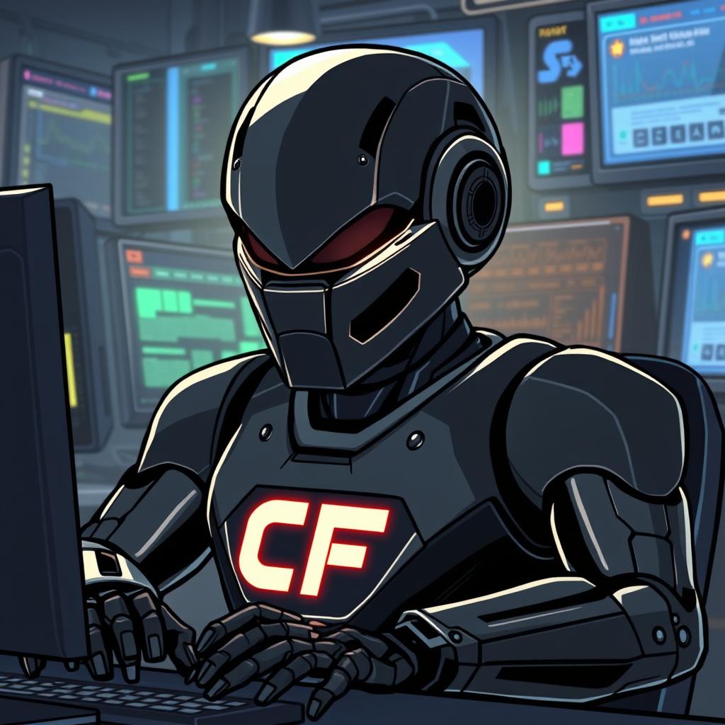 A cool, sleek black robot is illustrated intently working at a computer